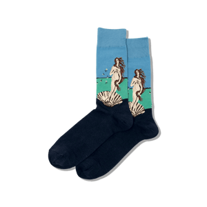 Navy socks with a design of a woman and shell on a blue background