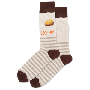 Striped socks with 'LEG DAY' and a dumbbell graphic on a white background