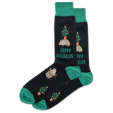 Black socks with green accents featuring hedgehogs and Christmas trees, text 'Happy Holidillos'.