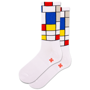 White socks with colorful geometric pattern on a white background