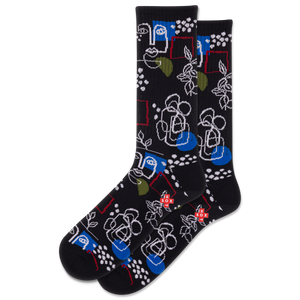 Black socks with colorful floral and geometric pattern on a white background