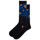 Black socks with blue and orange pattern on a white background