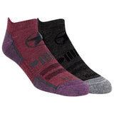 Two pairs of socks, one maroon and one black, on a white background.