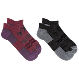 Two pairs of women's classic no show socks in raspberry pink and black with the Jeep brand logo on the foot.