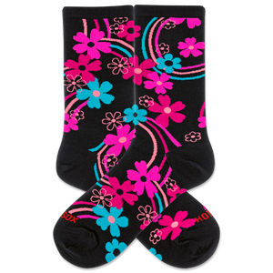 Women's black socks with a vibrant floral pattern featuring hot pink, magenta and blue colors.