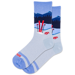 HOTSOX women's blue metallic sparkle socks featuring a snowy mountain scene and red skiis.