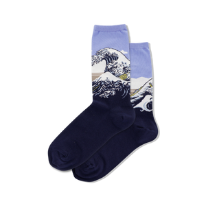 Navy and light purple socks with Hokusai's The Wave design on a white background