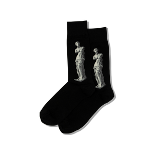 Black socks with white statue design on a white background