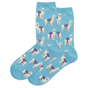 Blue socks with white llama illustrations on a white background