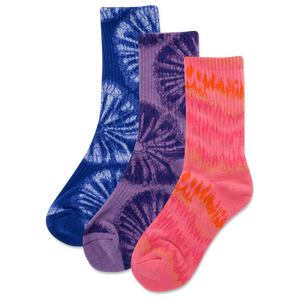 Three colorful socks with tie-dye patterns on a white background