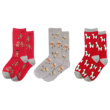 Three pairs of socks with different patterns on a white background