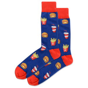 Blue socks with red accents featuring fast food illustrations on a white background
