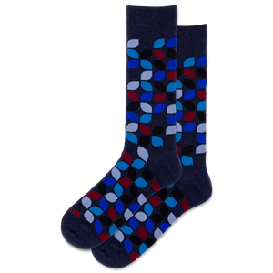 Pair of dark blue socks with colorful geometric pattern on a white background