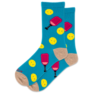 Women's blue socks featuring a pickleball pattern.