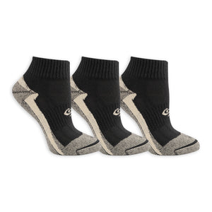 Three pairs of black ankle socks with beige accents on a white background