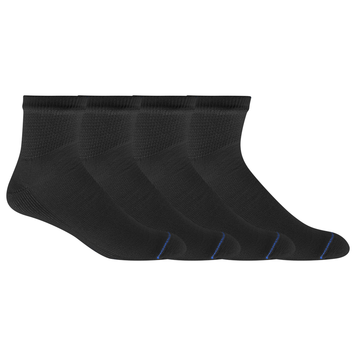 Four black ankle socks with blue accents on a white background