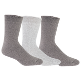 Three pairs of socks, two gray and one white, on a white background