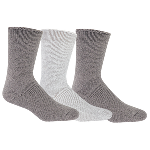 Three pairs of socks, two gray and one white, on a white background