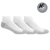 Three white ankle socks with gray grip patterns on the sole and heel, arranged in a row on a white background with a silver 'Design Excellence Awards Finalist' badge in the top right corner. thumbnail