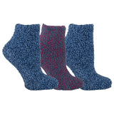 Three pairs of fuzzy socks in blue and red on a white background thumbnail