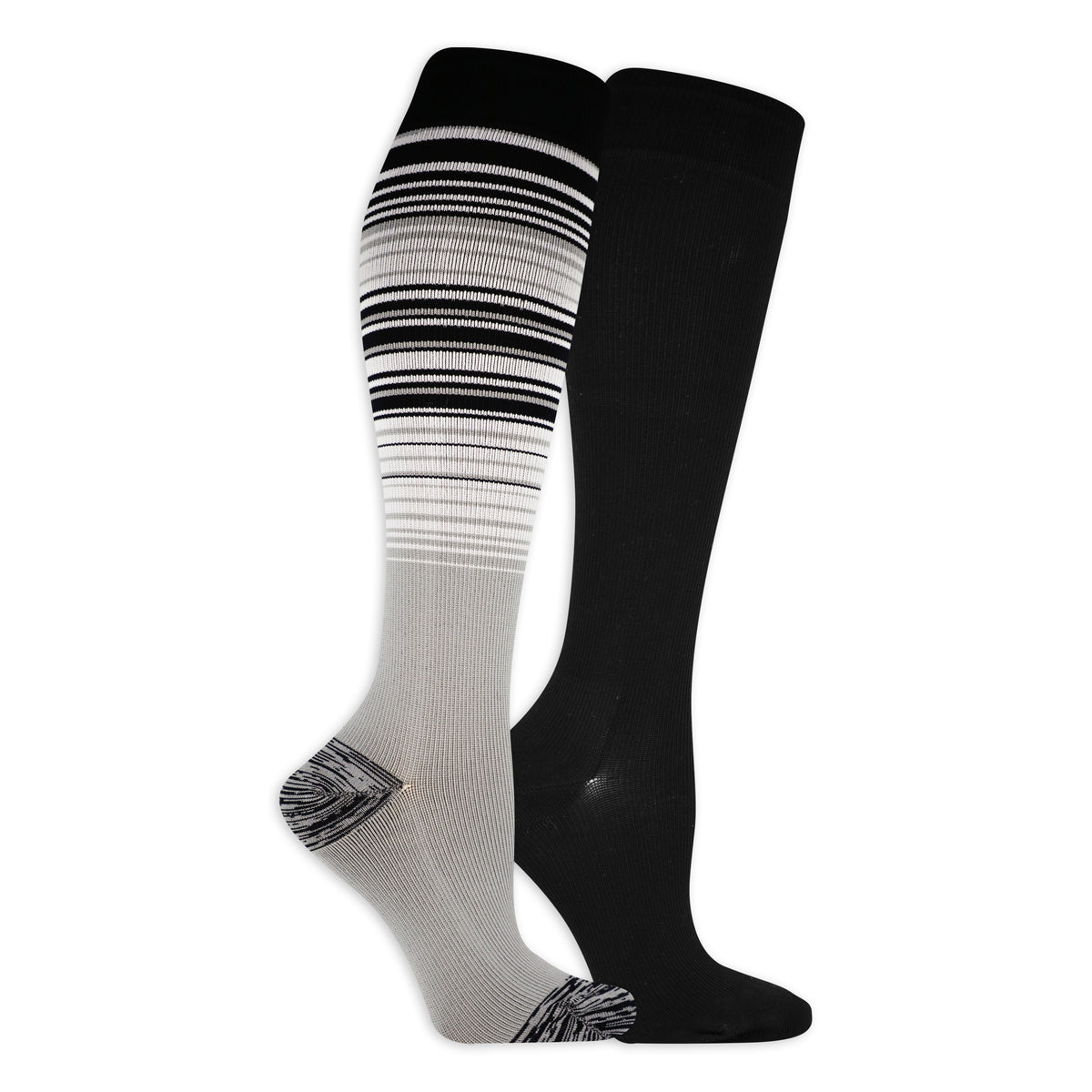 Two pairs of knee-high socks, one black and one gray with black stripes, on a white background.