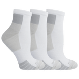 Three pairs of white socks on a black background