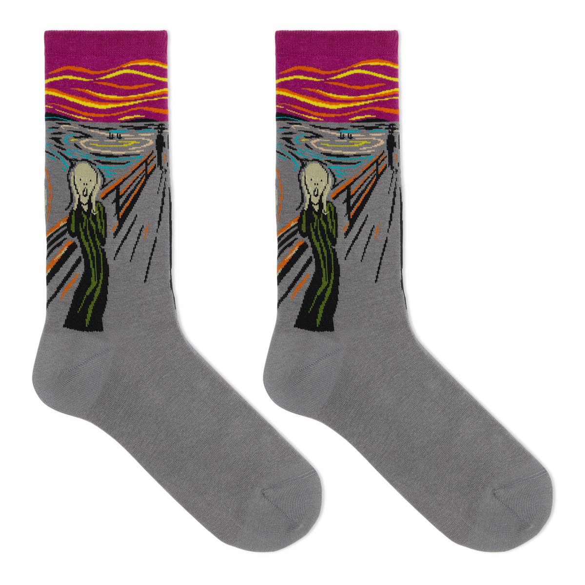 A pair of gray crew socks featuring a stylized print of Edvard Munch's 'The Scream' on the upper leg area, with a magenta and yellow wavy sky design at the top cuff.