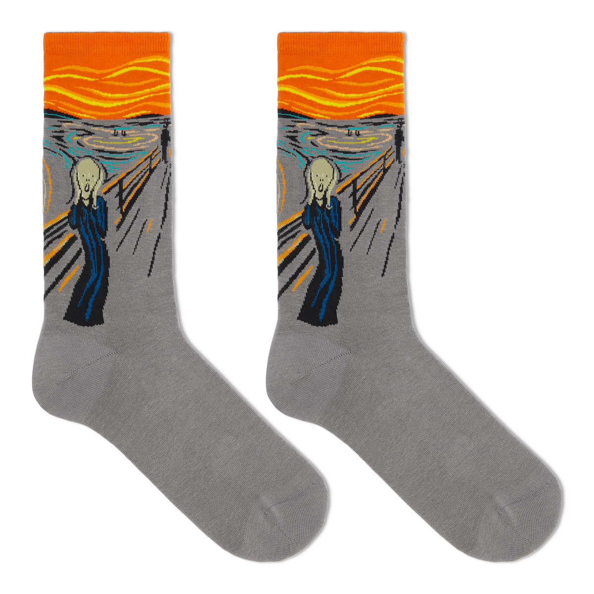 A pair of heather gray crew socks featuring a printed reproduction of Edvard Munch's 'The Scream' on the upper leg, with a bright orange sky and swirling yellow landscape details.