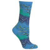 A single crew sock featuring an artistic print of a pond scene with blue water, green lily pads, and small fish, shown against a plain white background. thumbnail
