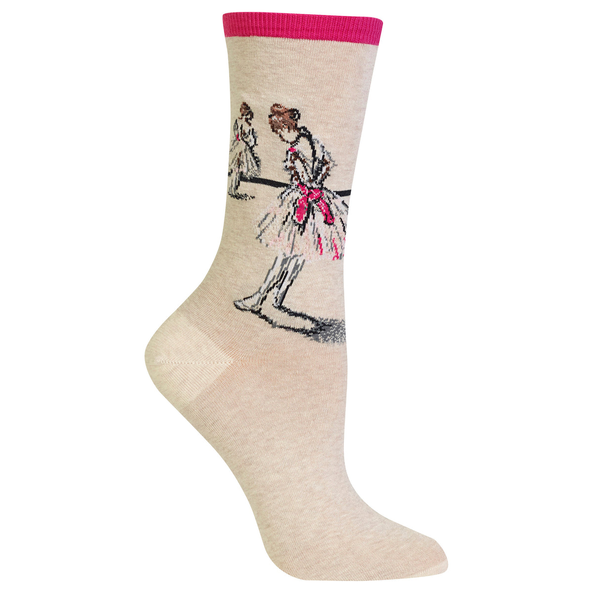 A single crew sock in a light beige heather color, featuring a graphic illustration of Edgar Degas' "Study of a Dancer" artwork featuring ballerinas on the leg. The sock has a bright pink ribbed cuff and a pink bow detail in the ballet tutu, shown against a plain white background.