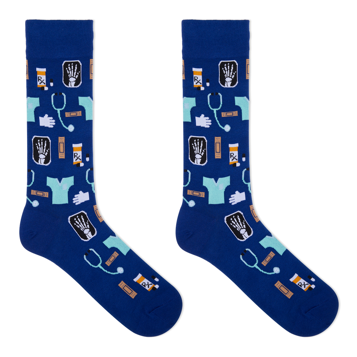 A pair of navy blue crew socks with a medical-themed pattern featuring light blue scrubs, stethoscopes, X-ray images, pills, and hands, displayed against a solid white background.