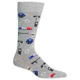 A single gray crew sock with an all-over novelty print of police-themed items including hats, handcuffs, radios, and a baton, shown on a plain white background. thumbnail