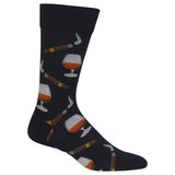 A single black crew sock with a repeating pattern of cognac glasses and cigars, shown on a plain white background. thumbnail