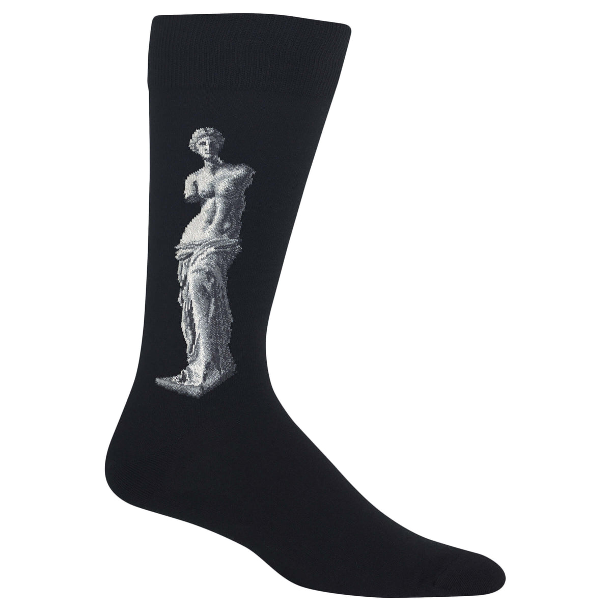 A single black crew sock featuring a detailed white and gray embroidered depiction of the Venus de Milo statue on the side, shown against a plain white background.