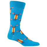 A single bright blue crew sock with a repeating pattern of cartoon hot dogs holding American flags, shown on a plain white background. thumbnail