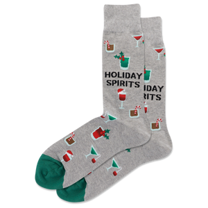 Gray socks with holiday-themed designs and text on a white background