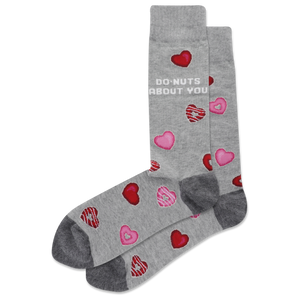 Gray HOTSOX men's socks with a donut heart pattern that says "DO-NUTS ABOUT YOU"