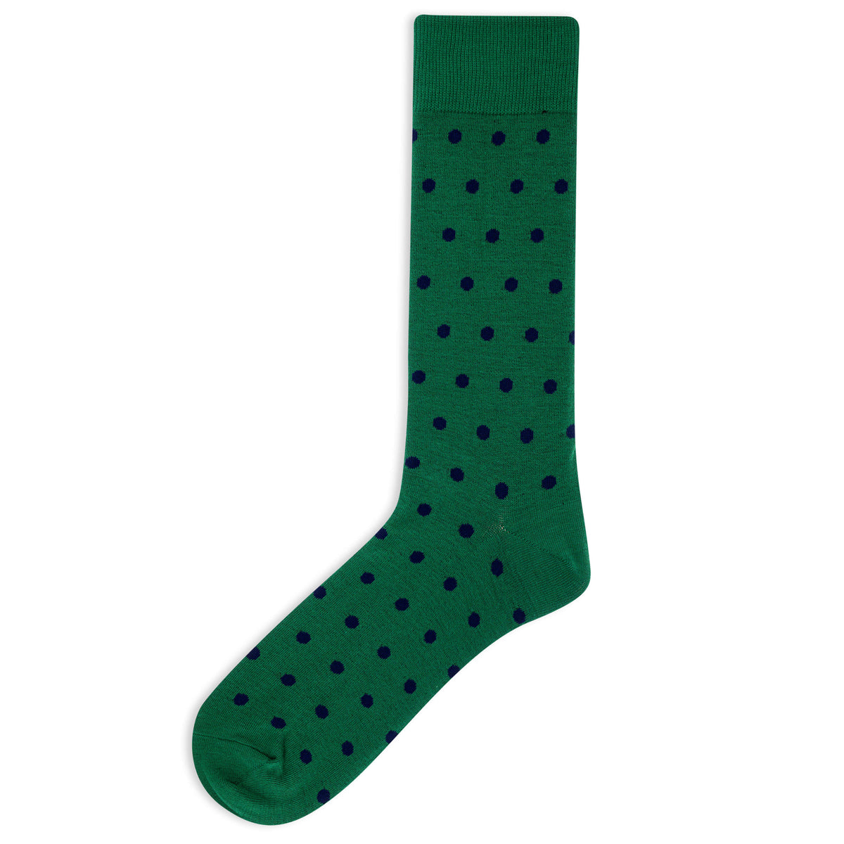 A single green crew sock with a repeating pattern of small dark navy blue polka dots, shown against a plain white background.