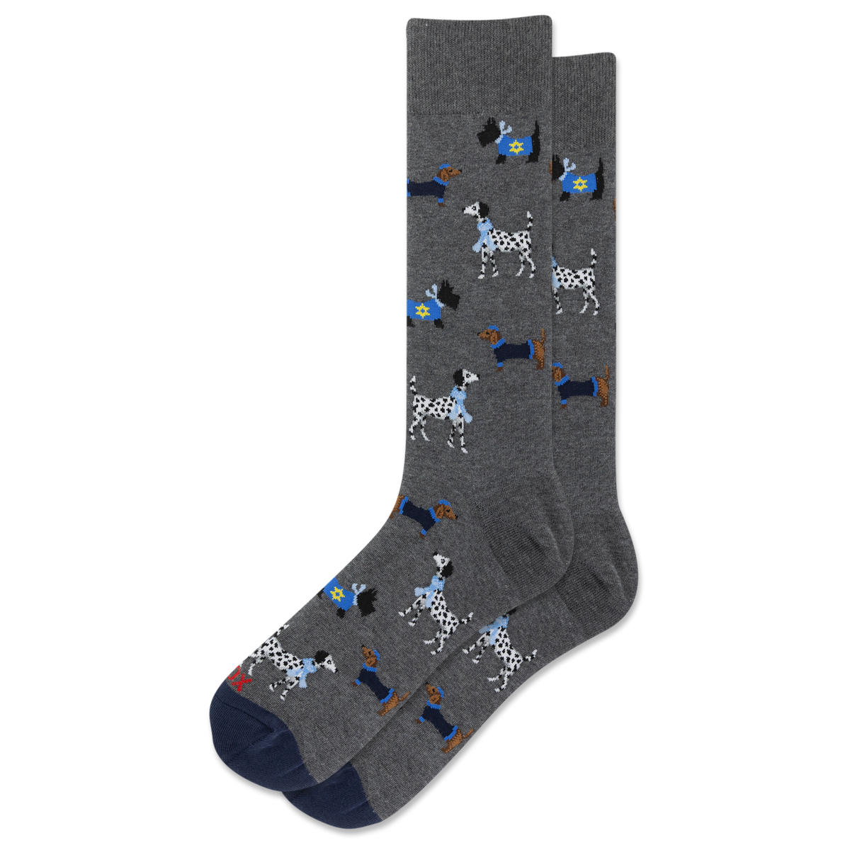 A pair of dark gray crew socks featuring a pattern of cartoon dalmatians wearing Hanukkah-inspired garments, shown against a plain white background.