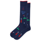 A pair of navy blue crew socks with golf-themed illustrations and the text 'above par' on a clean white background.