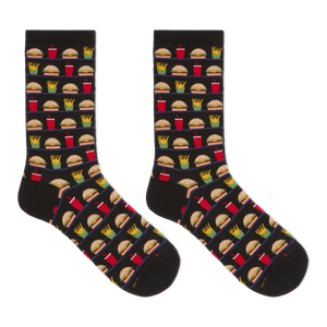 A pair of black crew socks with a repeating pattern of fast-food items including burgers, fries, drinks, and pizza slices, displayed against a solid white background.