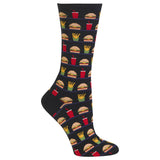 A single black crew sock with a repeating pattern of fast food items including burgers, fries, and red drinks, shown on a plain white background. thumbnail