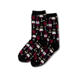 Black socks with wine-themed pattern on a white background
