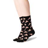 Black socks with pizza pattern worn by a person on a white background