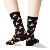 Black crew socks with a repeating pattern of pizza slices, shown on a person's feet against a clean white background. thumbnail