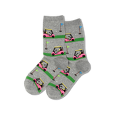 Gray socks with pink golf carts and green grass pattern on a white background