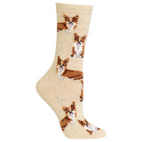 A single crew sock in a warm beige color, featuring an all-over pattern of brown and white Pembroke Welsh Corgi dogs.