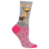 A single gray crew sock featuring a cartoon chihuahua wearing a yellow sombrero and poncho, with the words 'LET'S FIESTA' and a pink patterned heel, toe, and cuff.