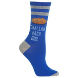 A single blue crew sock with gray stripes and heel/toe accents, featuring a graphic of three challah breads and the text 'CHALLAH BACK GIRL' in white, shown on a plain white background. thumbnail