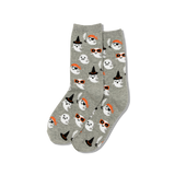 Gray socks with Halloween-themed dog illustrations on a white background
